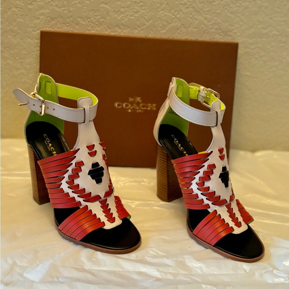 ❗️SALE❗️ ✨New✨Coach Women's Lorrie Mat Calf Watermelon & White Heeled Sandals